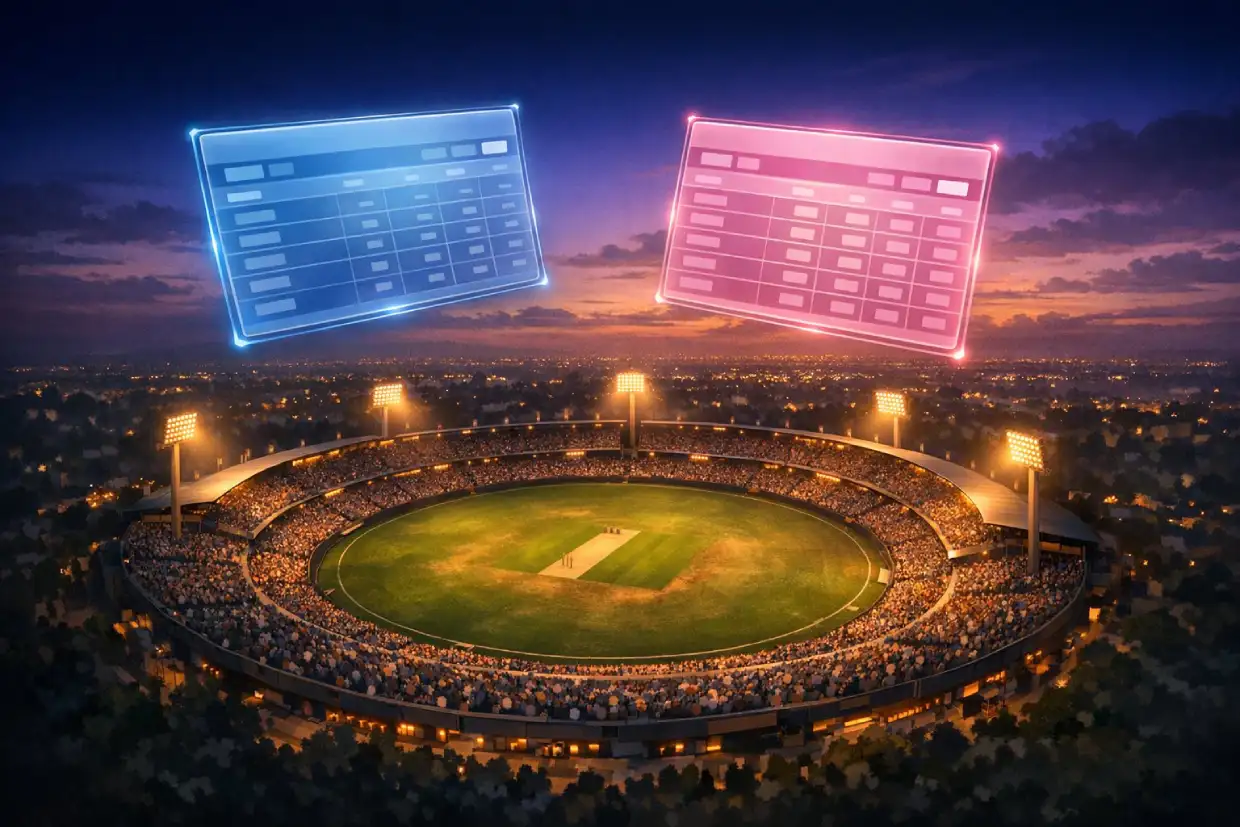 Laser247 Demo ID concept showing a cricket exchange view at dusk