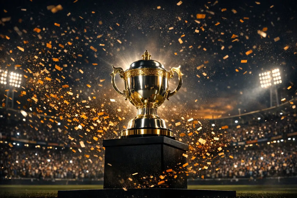 IPL cricket betting atmosphere with tournament trophy and stadium confetti